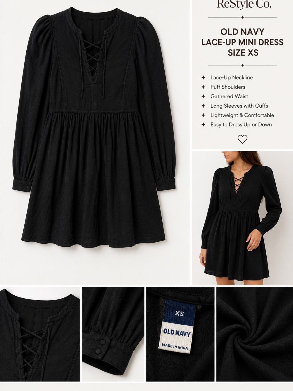 Old Navy Black Lace-Up Puff Shoulder Mini Dress